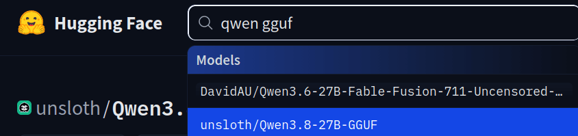 Screenshot of huggingface.co search field looking for GGUF models.